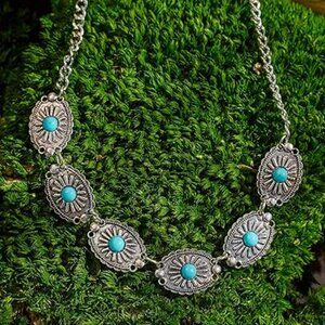 Boho Vintage Silver & Turquoise Necklace Choker Old Fashion Costume Jewelry